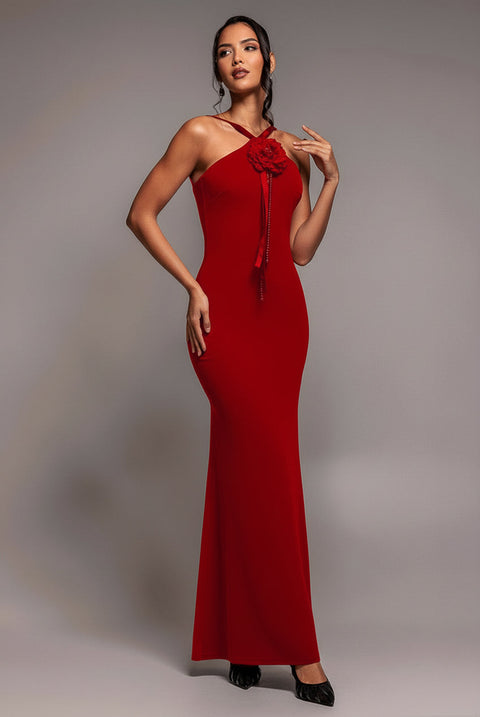 Goddiva Racer Neck Corsage Scuba Maxi - Red
