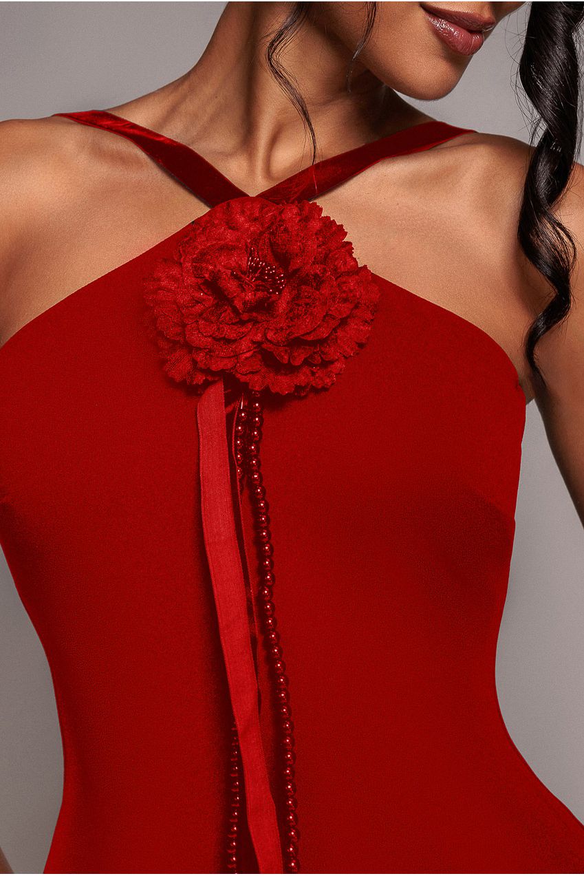 Goddiva Racer Neck Corsage Scuba Maxi - Red