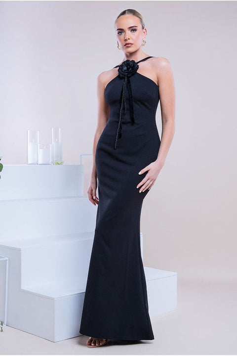 Goddiva Racer Neck Corsage Scuba Maxi - Black