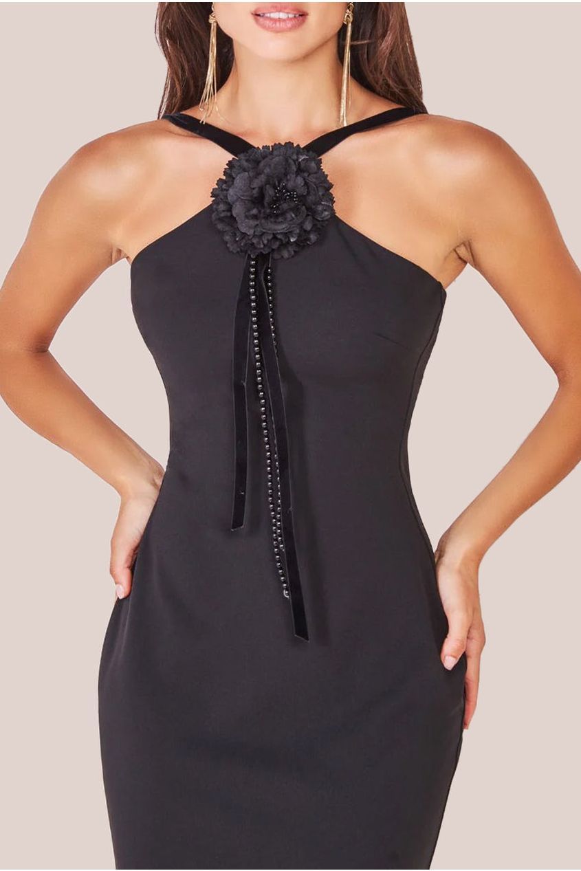 Goddiva Racer Neck Corsage Scuba Maxi - Black