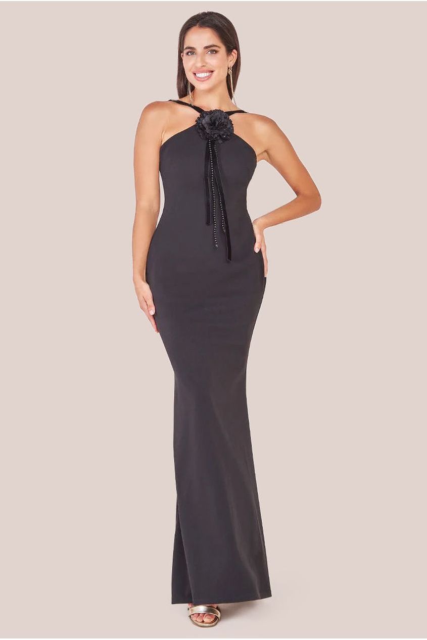 Goddiva Racer Neck Corsage Scuba Maxi - Black