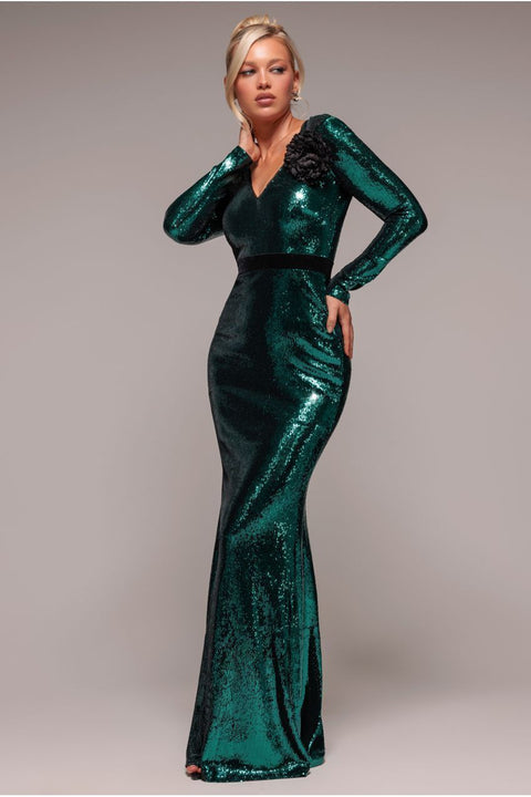 Goddiva Liquid Sequin Corsage Maxi - Emerald Green