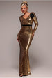 Goddiva Liquid Sequin Corsage Maxi Dress - Gold