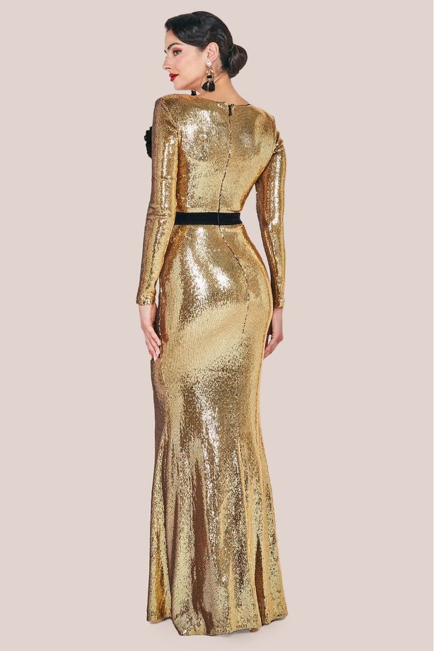 Goddiva Liquid Sequin Corsage Maxi Dress - Gold