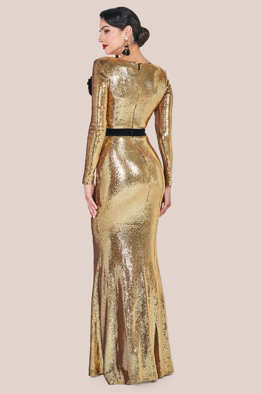 Goddiva Liquid Sequin Corsage Maxi Dress - Gold