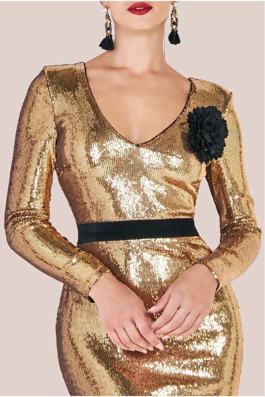 Goddiva Liquid Sequin Corsage Maxi Dress - Gold