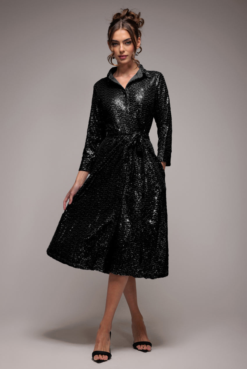 Goddiva Sequin Skater Shirt Dress - Black