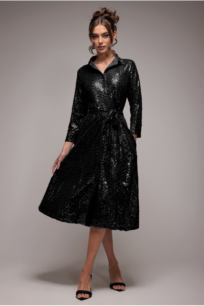 Goddiva Sequin Skater Shirt Dress - Black