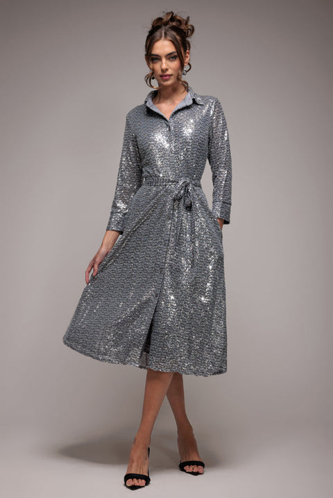 Goddiva Sequin Skater Shirt Dress - Silver