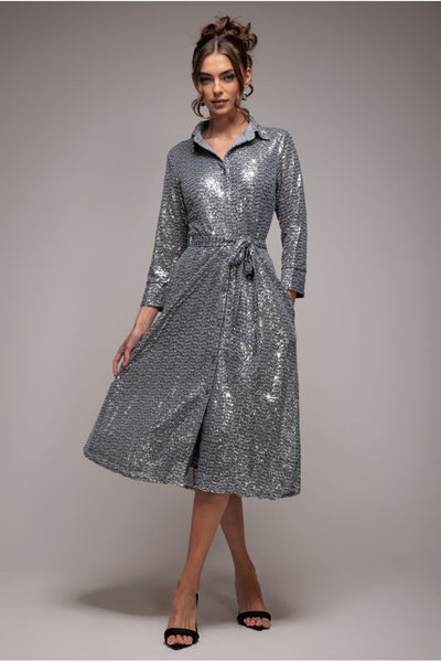 Silver - Goddiva Sequin Skater Shirt Dress - Silver