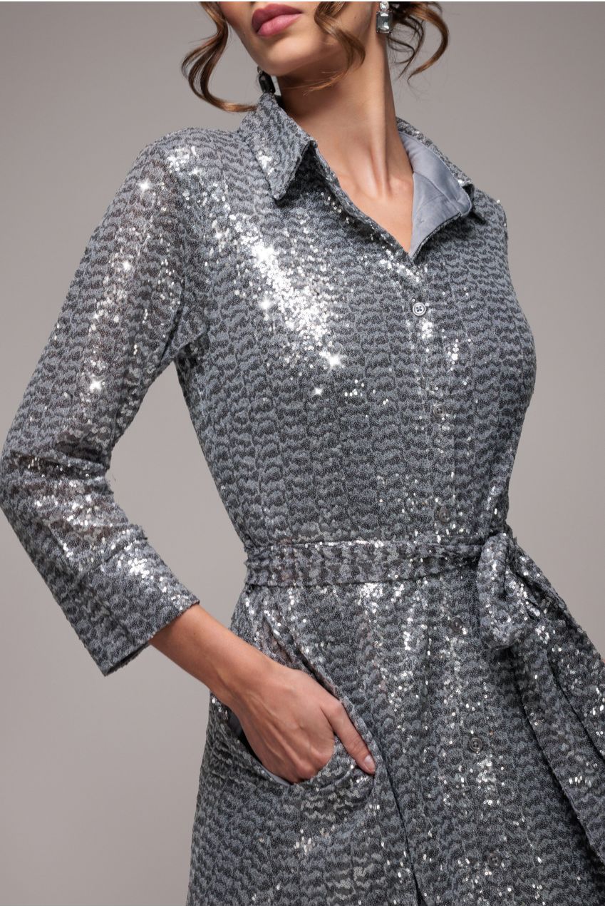 Goddiva Sequin Skater Shirt Dress - Silver