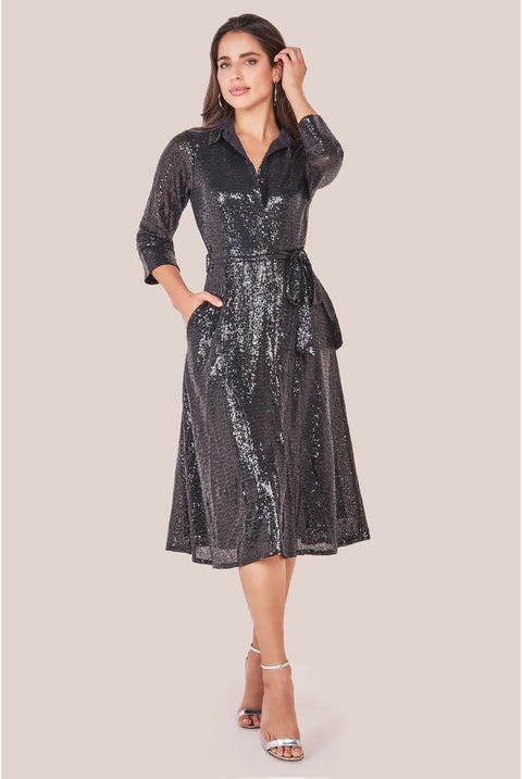 Goddiva Sequin Skater Shirt Dress - Black