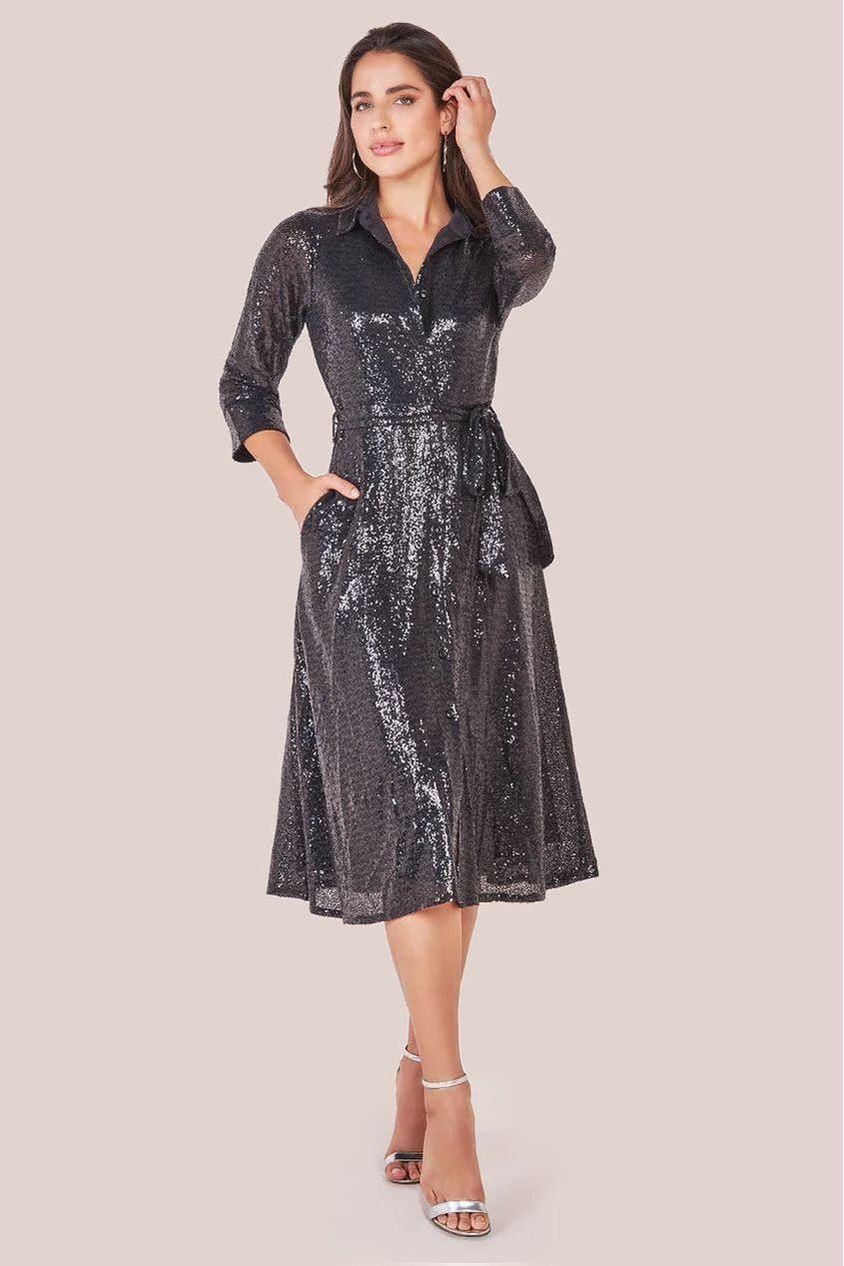 Goddiva Sequin Skater Shirt Dress - Black