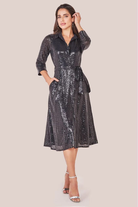 Goddiva Sequin Skater Shirt Dress - Black