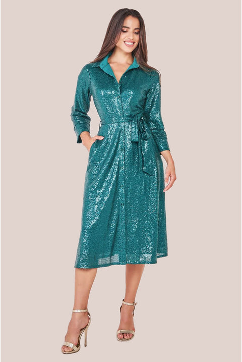 Goddiva Sequin Skater Shirt Dress - Emerald Green