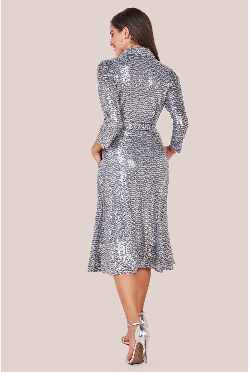 Goddiva Sequin Skater Shirt Dress - Silver