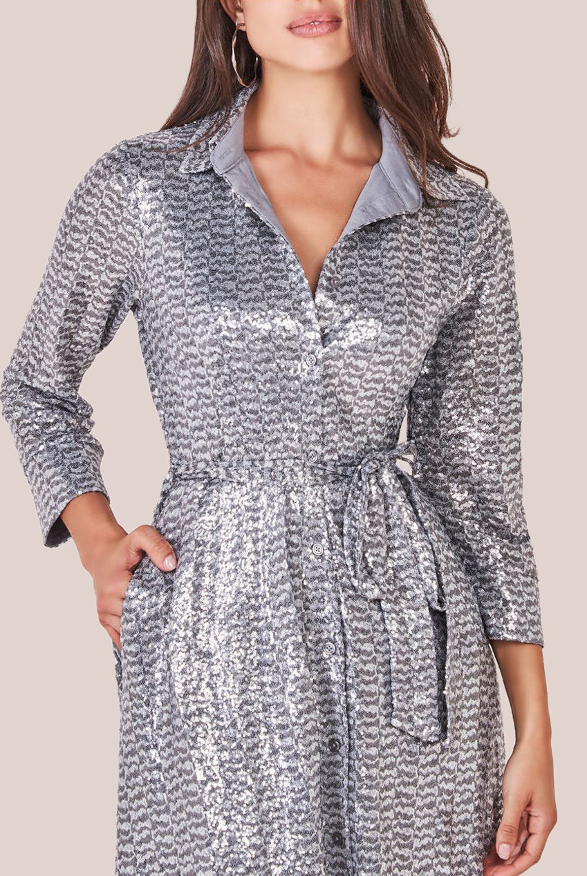 Goddiva Sequin Skater Shirt Dress - Silver