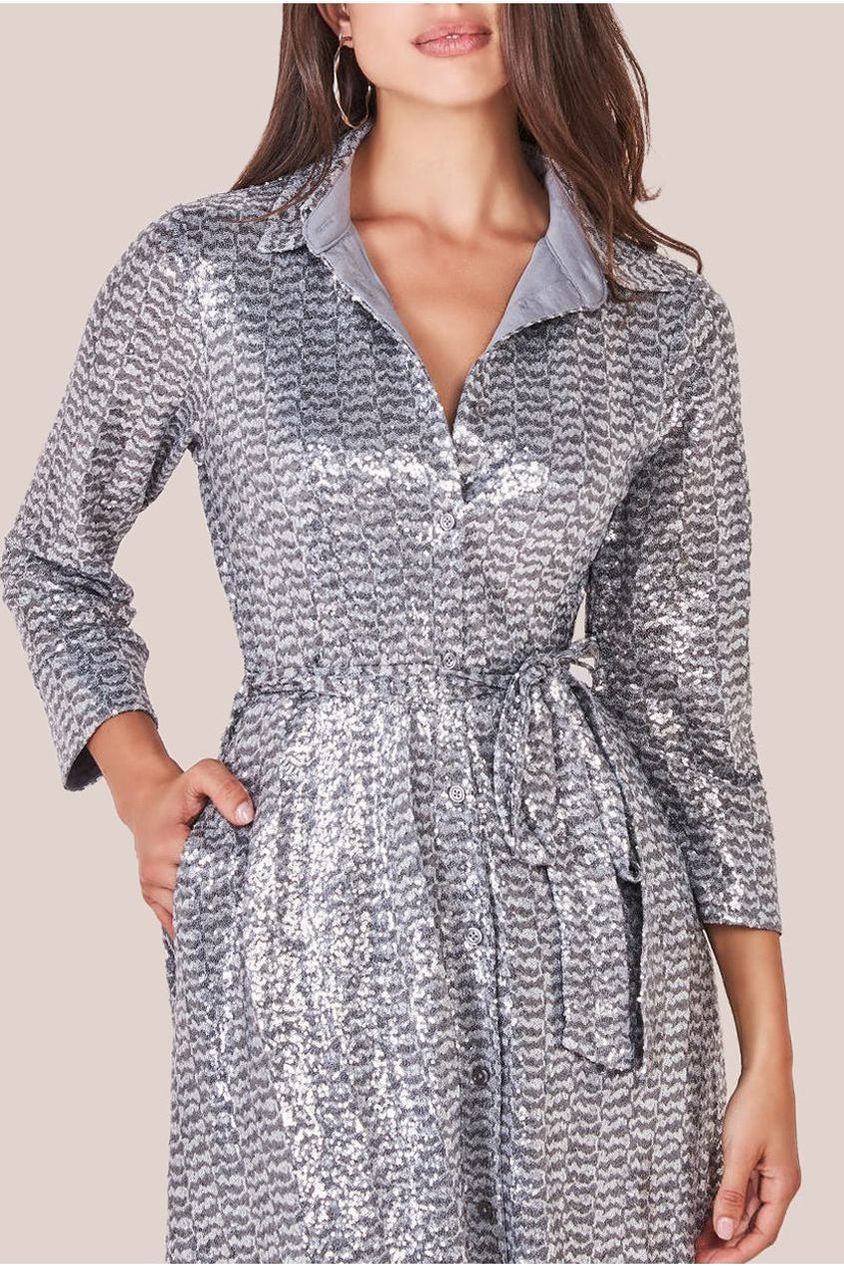 Goddiva Sequin Skater Shirt Dress - Silver