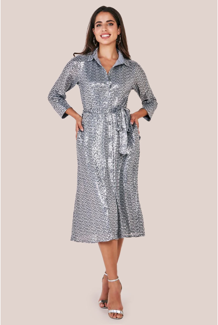 Goddiva Sequin Skater Shirt Dress - Silver