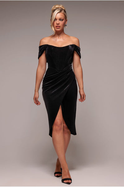 Black - Goddiva Draped Shoulder Velvet Corset Midi Dress - Black