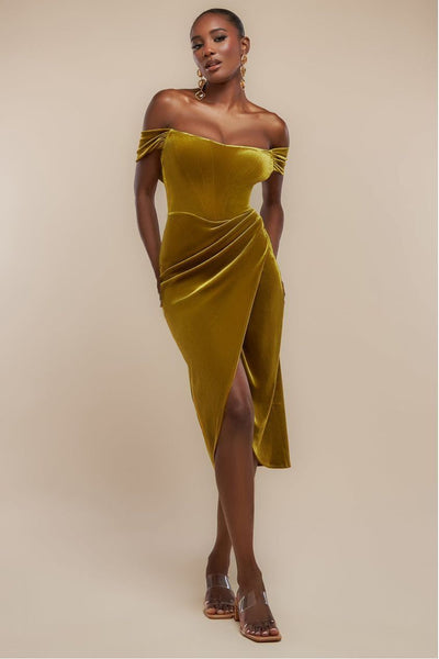 Olive - Goddiva Draped Shoulder Velvet Corset Midi Dress - Olive Green