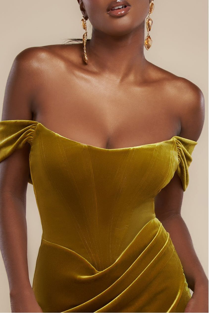 Goddiva Draped Shoulder Velvet Corset Midi Dress - Olive Green