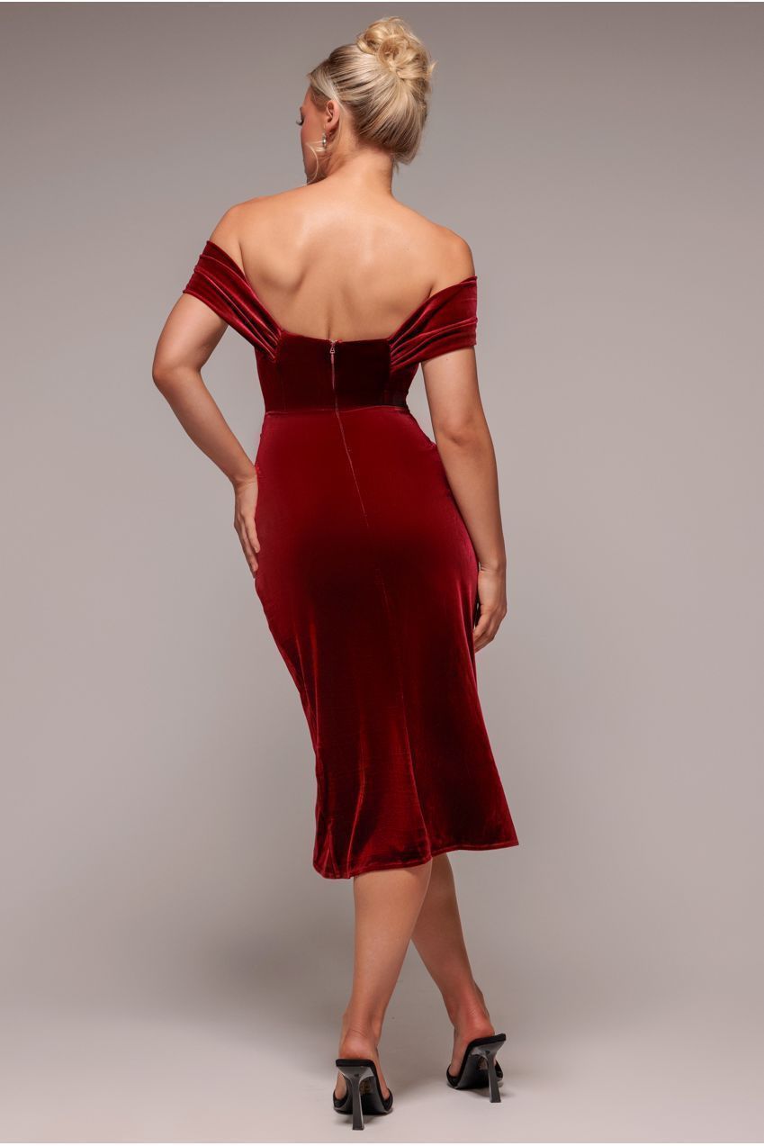 Goddiva Draped Shoulder Velvet Corset Midi Dress - Wine