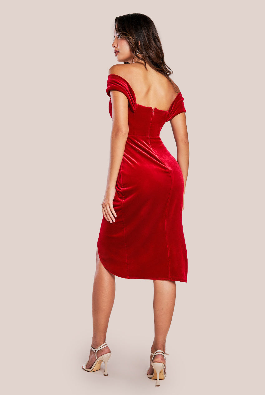 Goddiva Draped Shoulder Velvet Corset Midi - Red