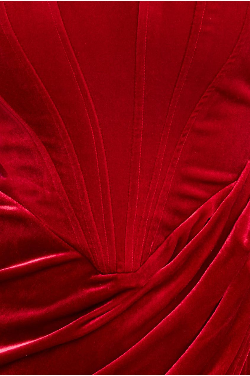 Goddiva Draped Shoulder Velvet Corset Midi - Red