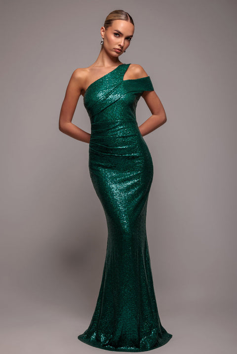 Goddiva One Shoulder Sequin Evening Maxi - Emerald Green