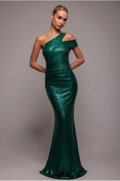 Emerald - Goddiva One Shoulder Sequin Evening Maxi - Emerald Green