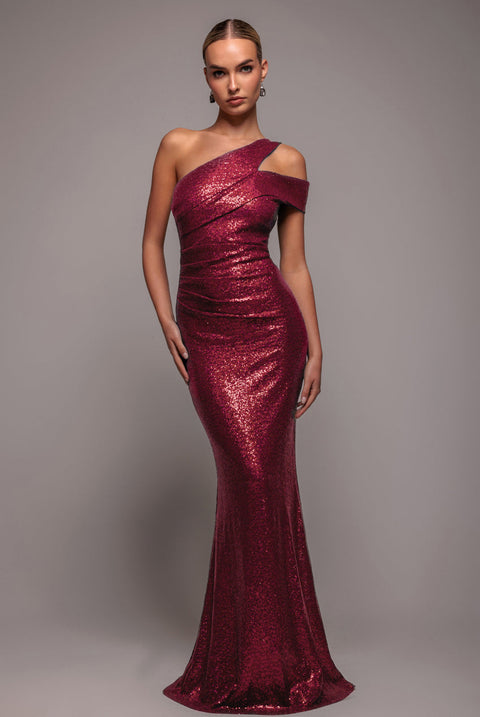 Goddiva One Shoulder Sequin Evening Maxi - Wine