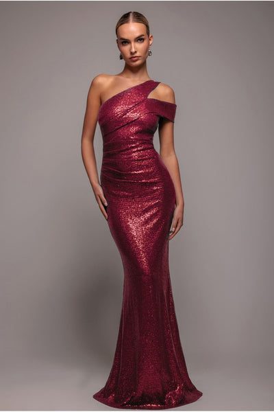 Wine - Goddiva One Shoulder Sequin Evening Maxi - Wine