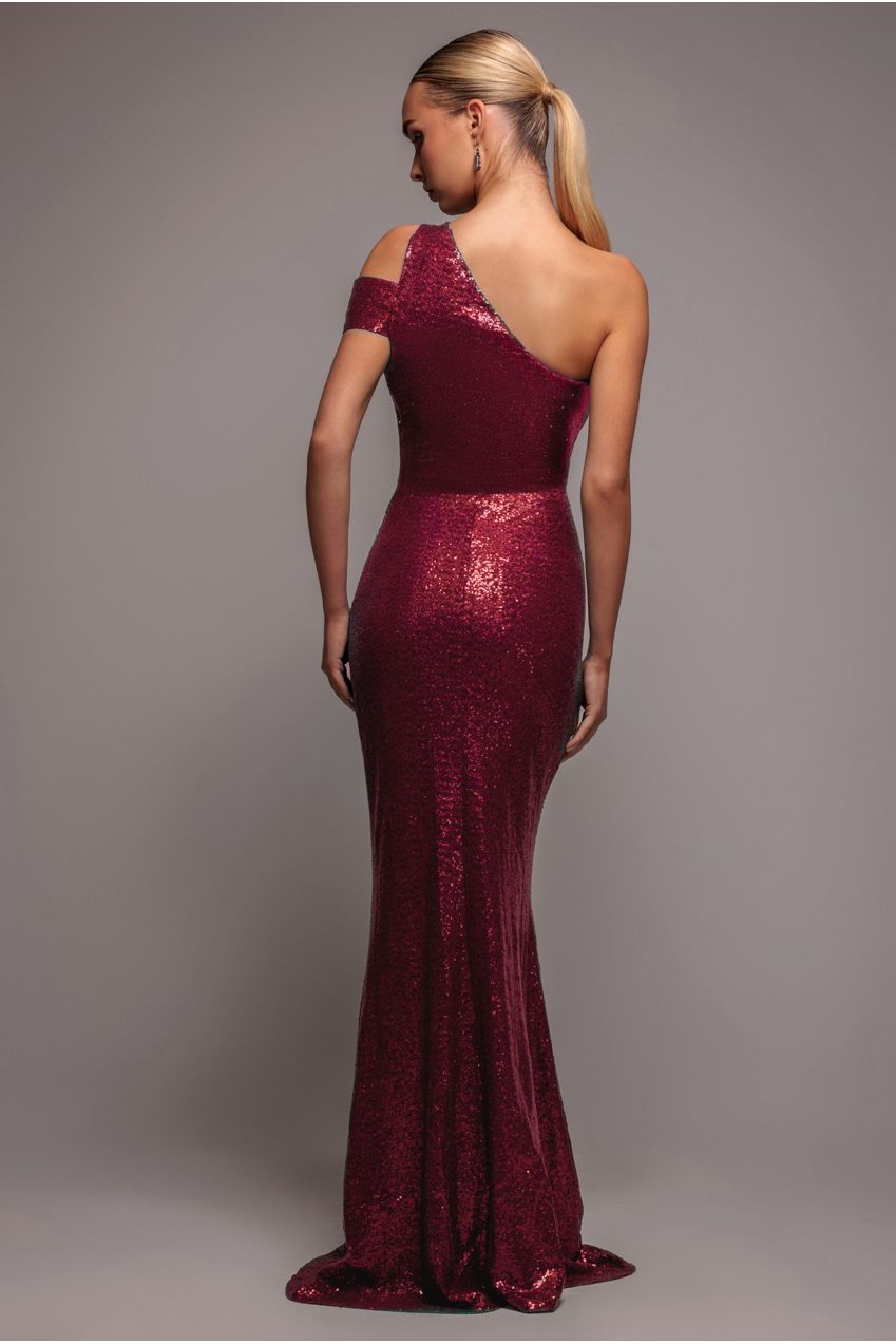 Goddiva One Shoulder Sequin Evening Maxi - Wine
