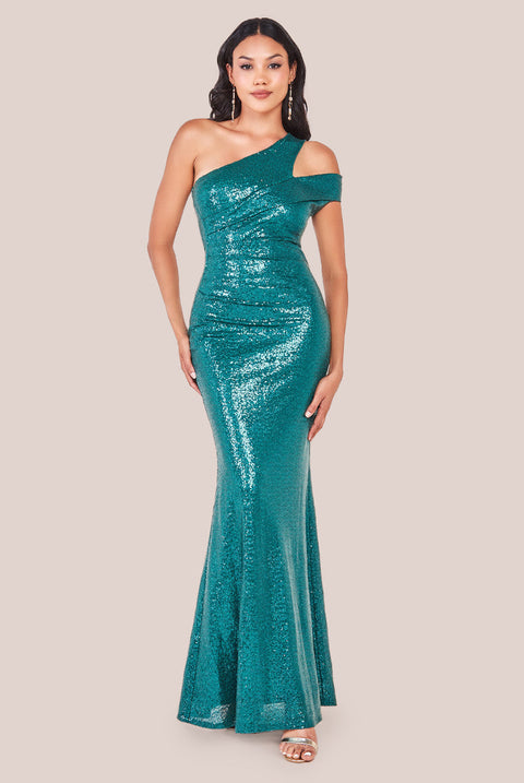 Goddiva One Shoulder Sequin Evening Maxi - Emerald Green