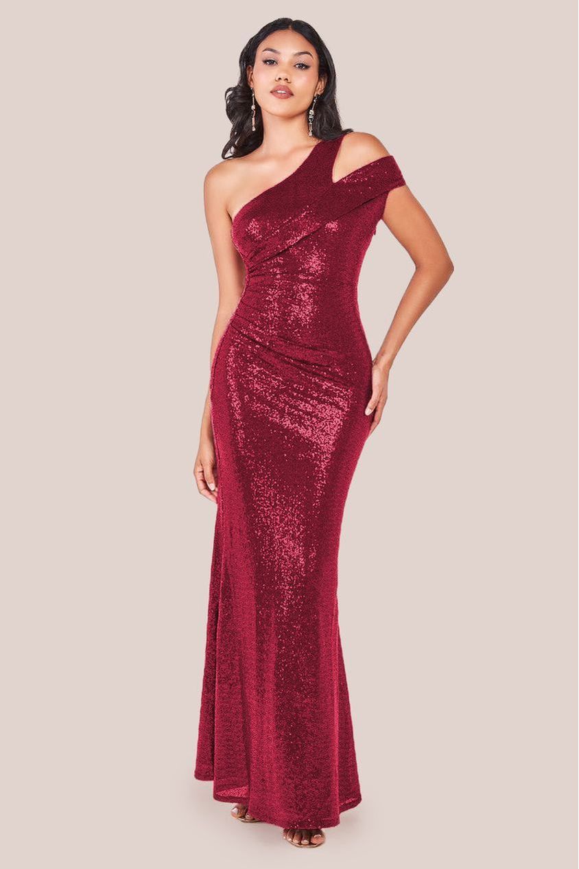 Goddiva One Shoulder Sequin Evening Maxi - Wine