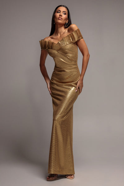 Goddiva Fan Pleated Bardot Scuba Crepe Maxi - Gold