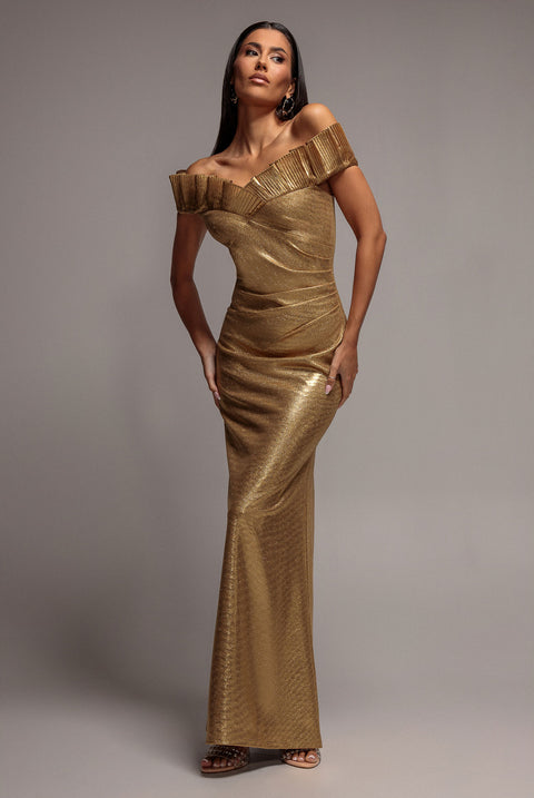 Goddiva Fan Pleated Bardot Scuba Crepe Maxi - Gold