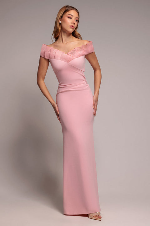Goddiva Fan Pleated Bardot Scuba Crepe Maxi Dress - Blush Pink