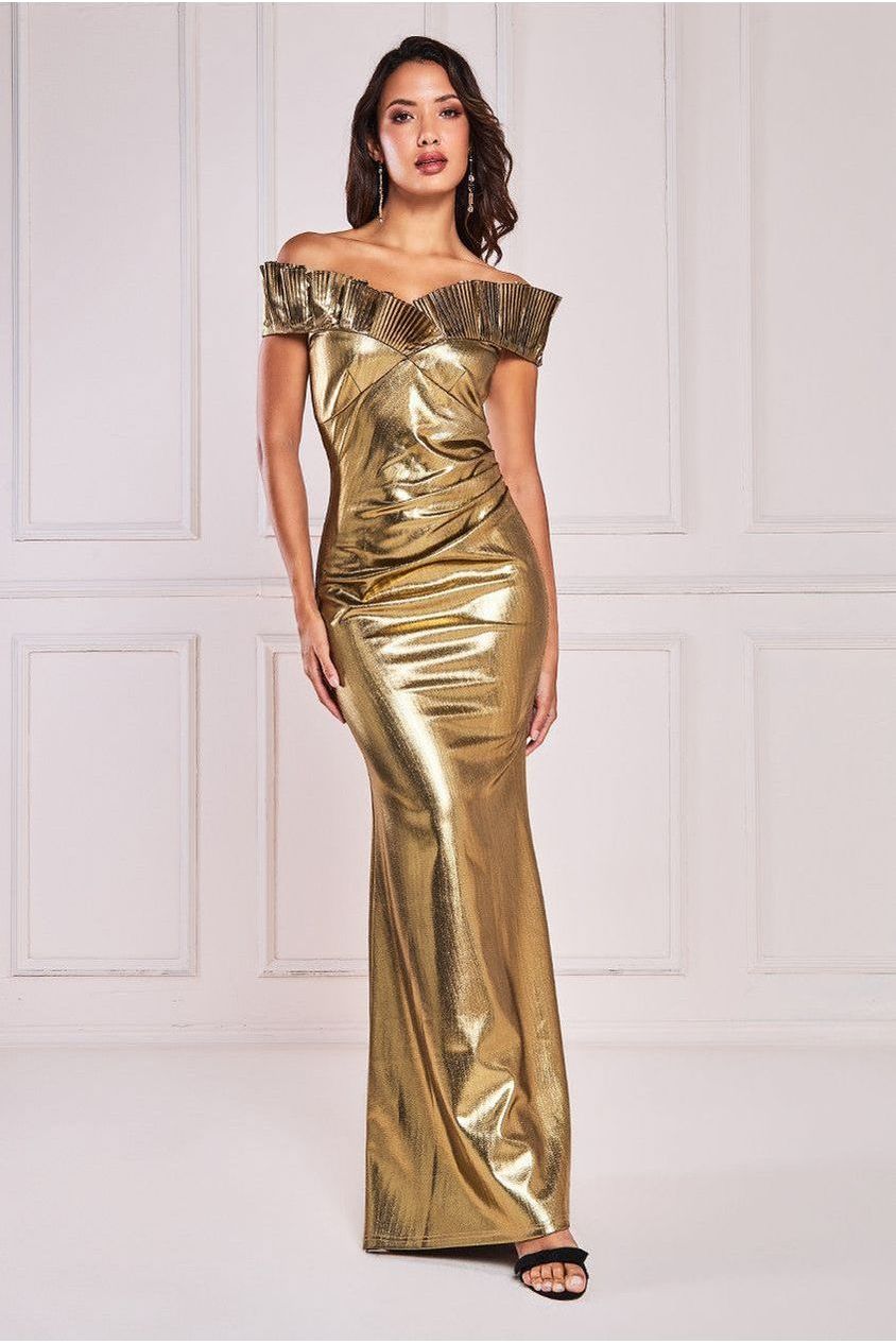 Goddiva Fan Pleated Bardot Scuba Crepe Maxi - Gold