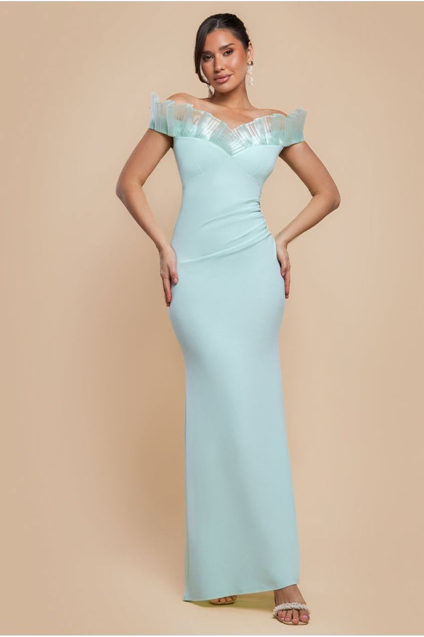 Goddiva Fan Pleated Bardot Scuba Crepe Maxi Dress - Mint Green Mint / 12 Goddiva Fan Pleated Bardot Scuba Crepe Maxi Dress - Mint Green Mint / 12