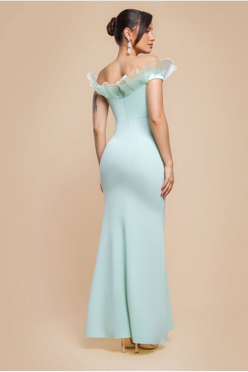 Goddiva Fan Pleated Bardot Scuba Crepe Maxi Dress - Mint Green