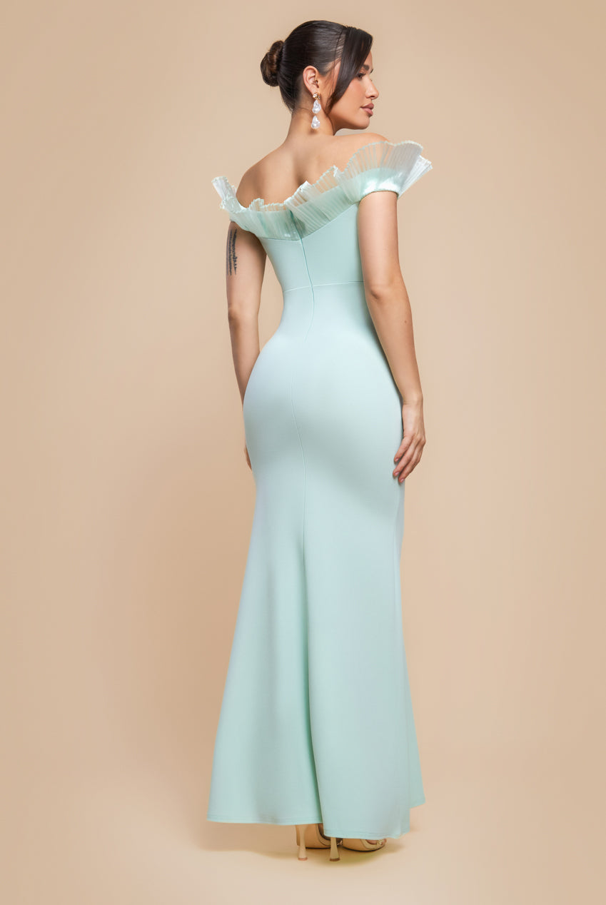 Goddiva Fan Pleated Bardot Scuba Crepe Maxi Dress - Mint Green