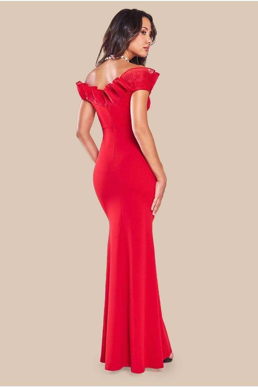 Goddiva Fan Pleated Bardot Scuba Crepe Maxi - Red