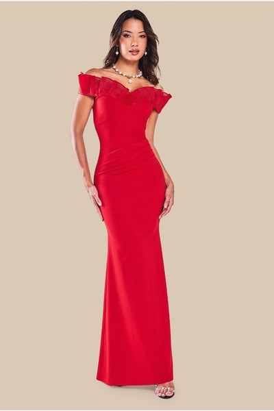 Red - Goddiva Fan Pleated Bardot Scuba Crepe Maxi - Red