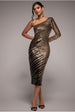 Goddiva One Sleeve Diagonal Sequin Midi - Gold