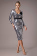 Goddiva Liquid Sequin Midi Dress With Corsage - Silver