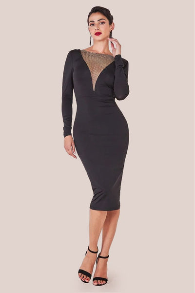 Black - Goddiva Diamante Fishnet Cowl Back Midi - Black