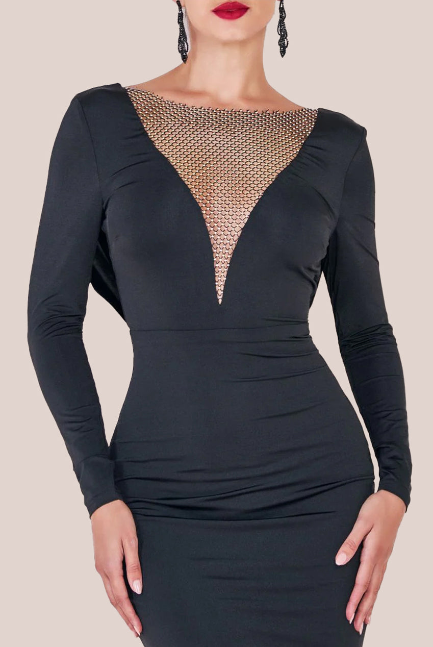 Goddiva Diamante Fishnet Cowl Back Midi - Black