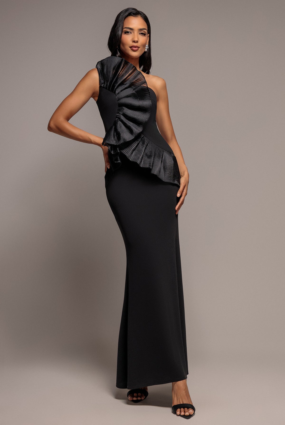 Goddiva One Shoulder Pleated Fan Maxi Dress - Black